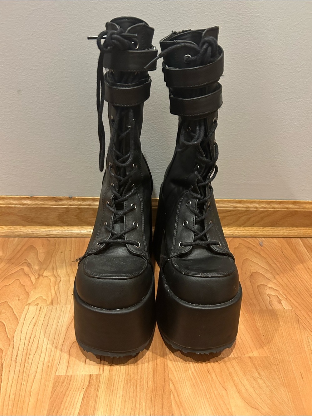 Demonia Black Lace-Up Platform Boots with Dual Ankle Straps